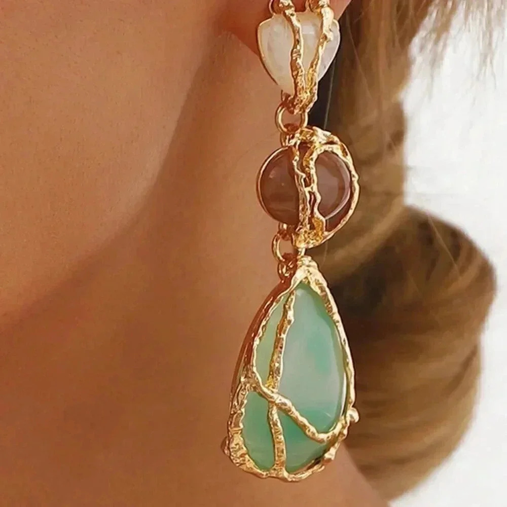 Women's Boho Statement Resin Stone Long Dangle Earrings